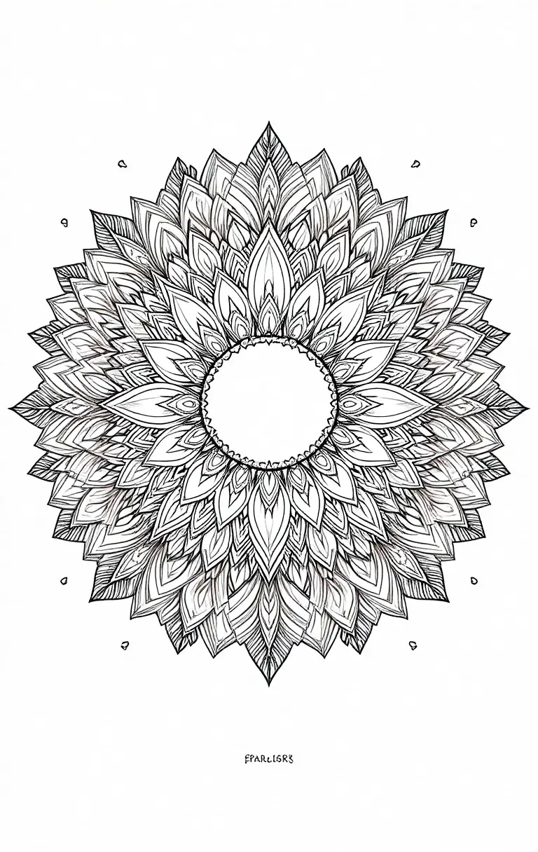 Motivo mandala floreale simmetrico in nitide linee nere
