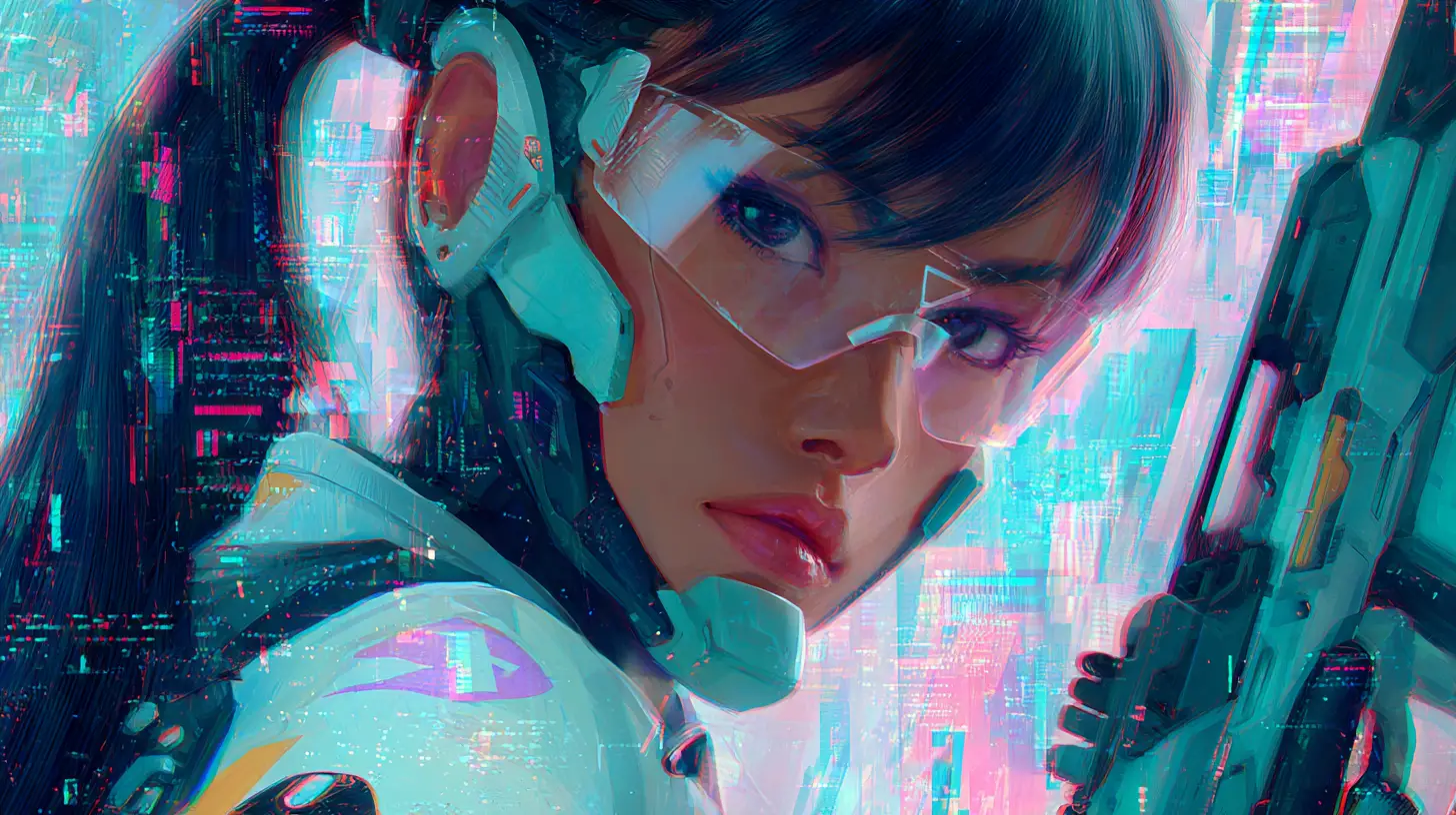 Netrunner asiatica in tenuta cyberpunk davanti a una meg città al neon