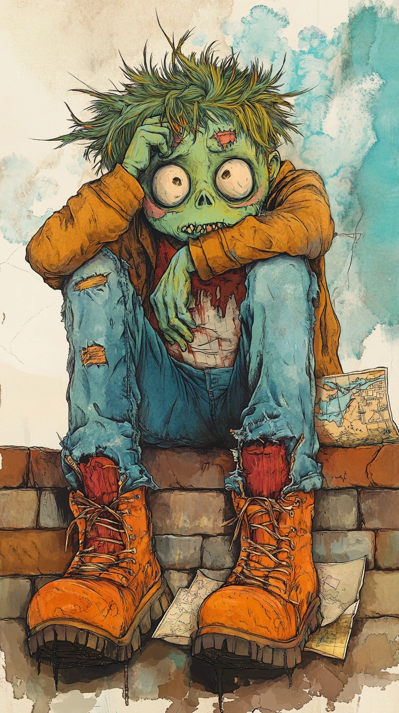 Un zombie vert pensif assis sur un mur de briques avec des bottes orange