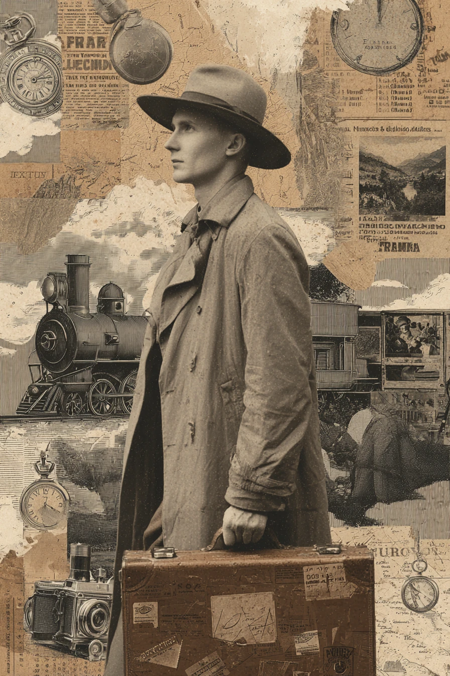 Um homem de chapéu segura uma mala em uma colagem de viagem vintage