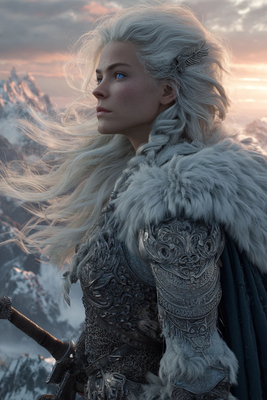 A valkyrie stands above the northern sea at golden sunrise