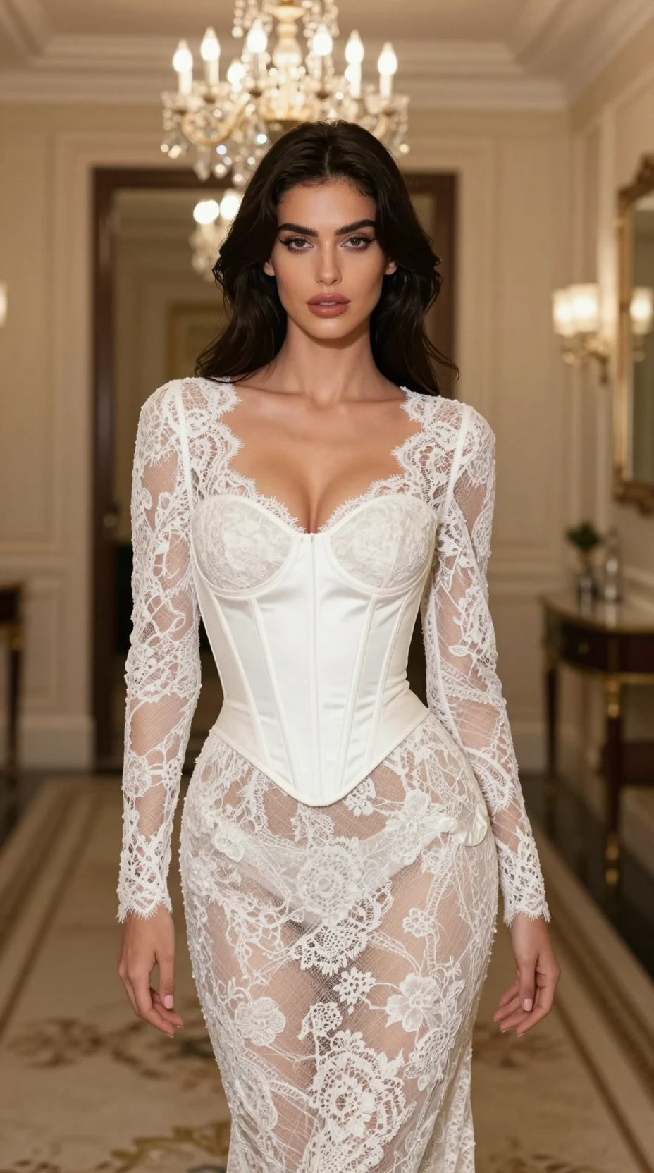 Uma mulher com um vestido de renda transparente em um elegante corredor de hotel