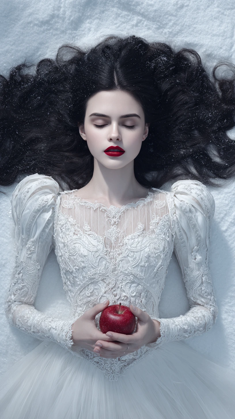 A woman lies still on pristine snow with a red apple held close
