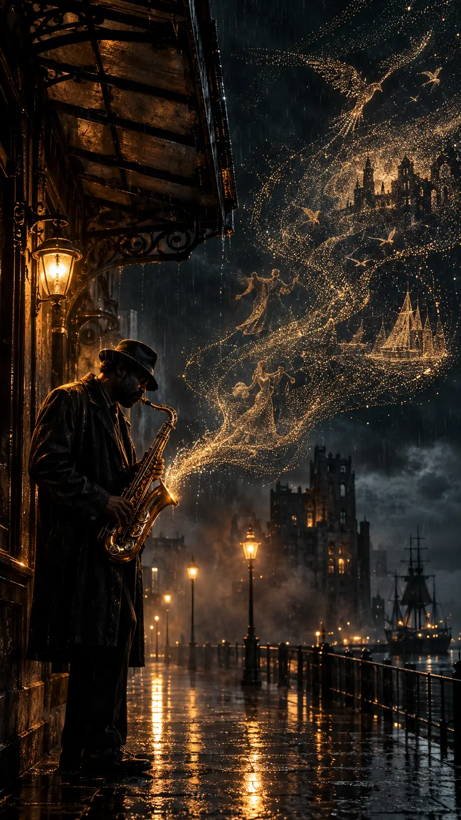 Um músico de jazz toca saxofone sob uma marquise enquanto pontos luminosos tomam conta de uma rua chuvosa