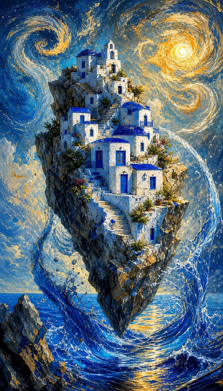 Uma aldeia de pedra branca eleva-se em espiral sobre um mar azul-safira