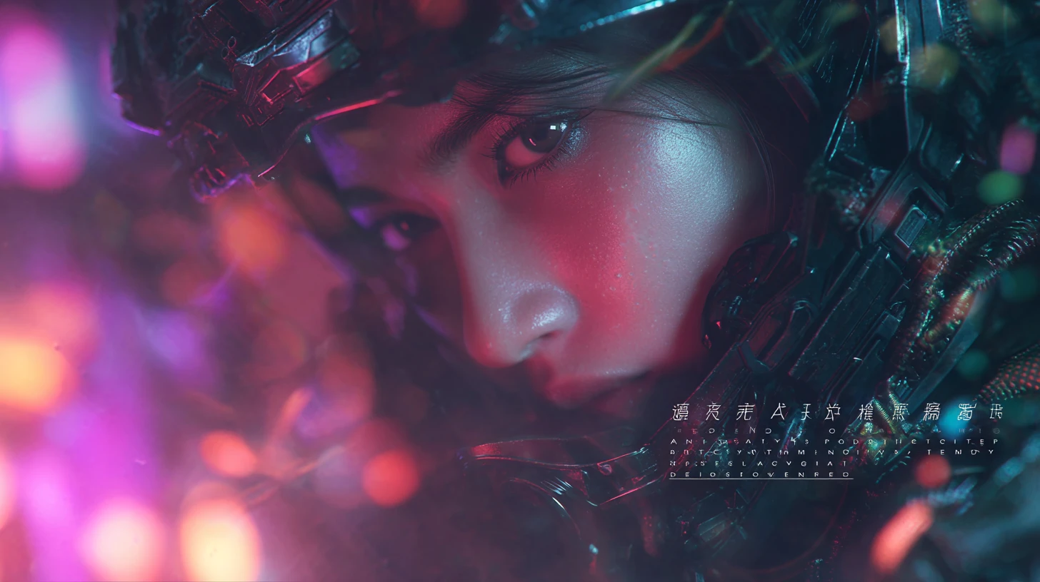 Uma mulher asiática com um traje de combate futurista encara o observador