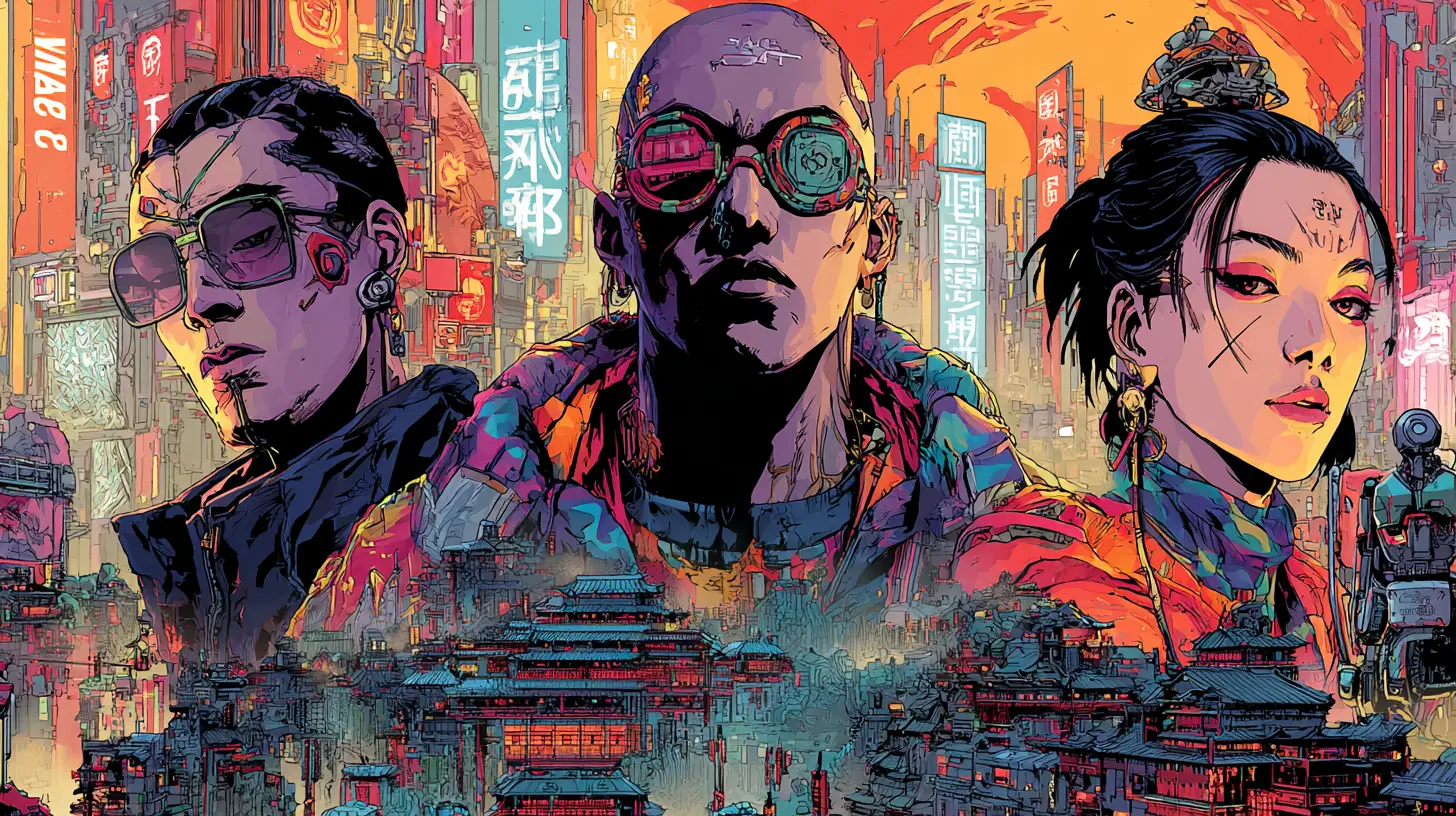 Trois hackers asiatiques prennent la pose dans leur repaire futuriste au sommet d'un gratte-ciel