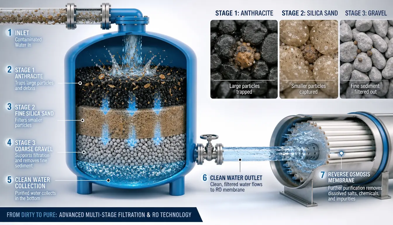 Une cuve de filtration de l’eau élimine les sédiments grâce à des couches de matériaux filtrants