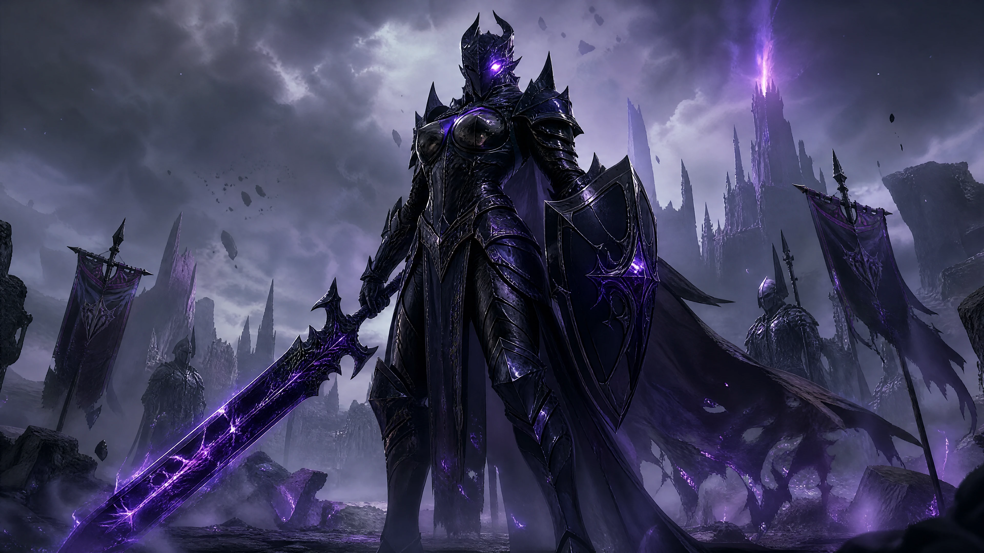 Uma imponente cavaleira golem de obsidiana com um olho roxo brilhante