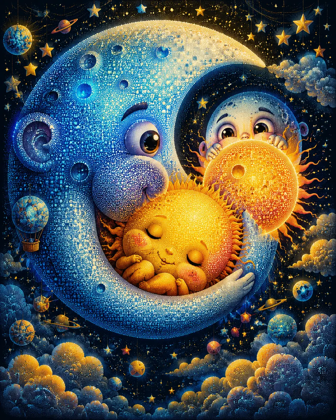 夢のような光景の中で、巨大な月の中に眠る小さな太陽