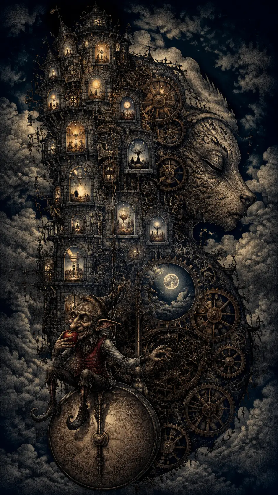 Una torre dell'orologio abbandonata svetta tra le nuvole con finestre impossibili