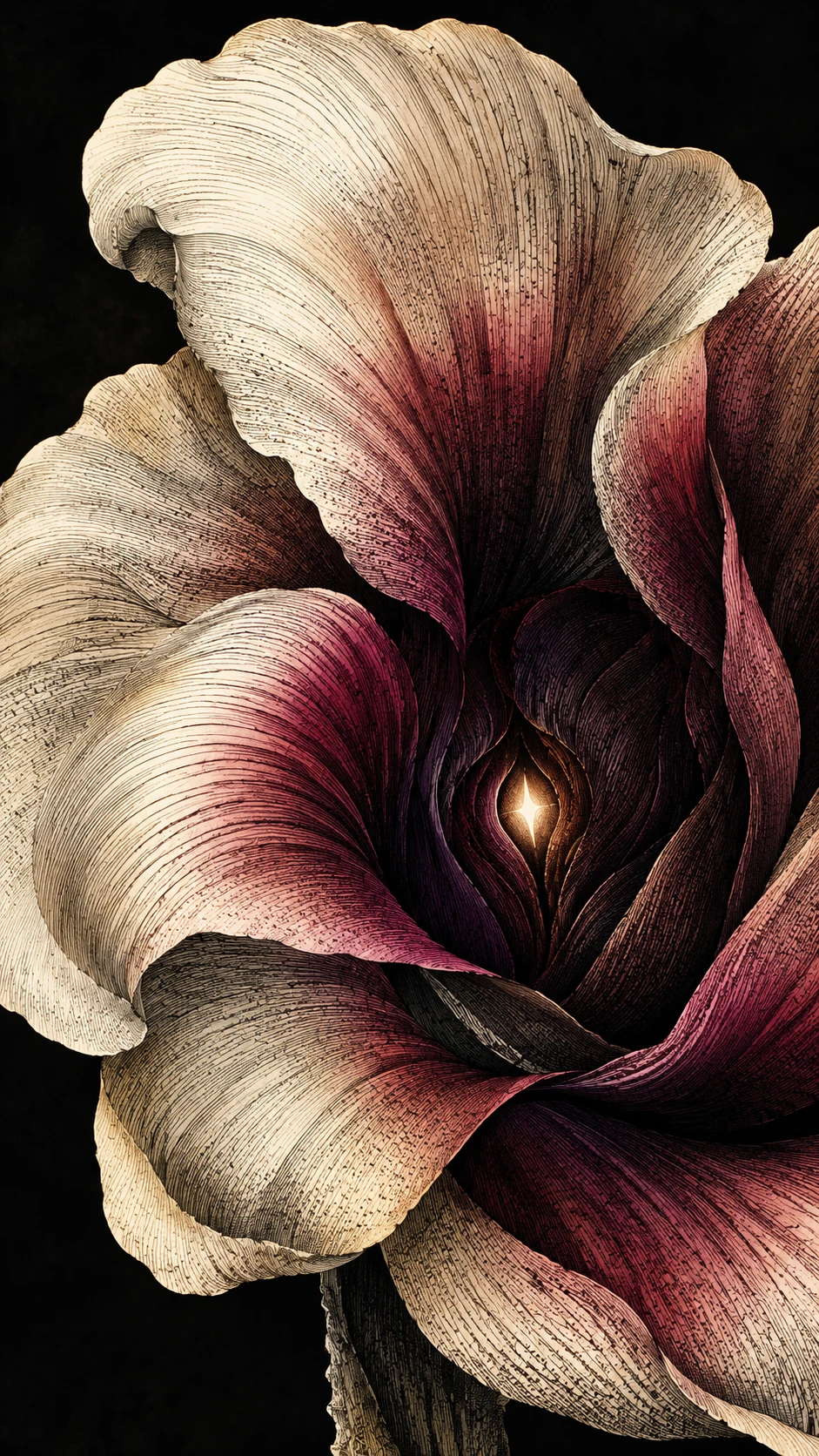 Eine unbekannte Blüte windet sich unter kunstvollen Gravurlinien nach innen
