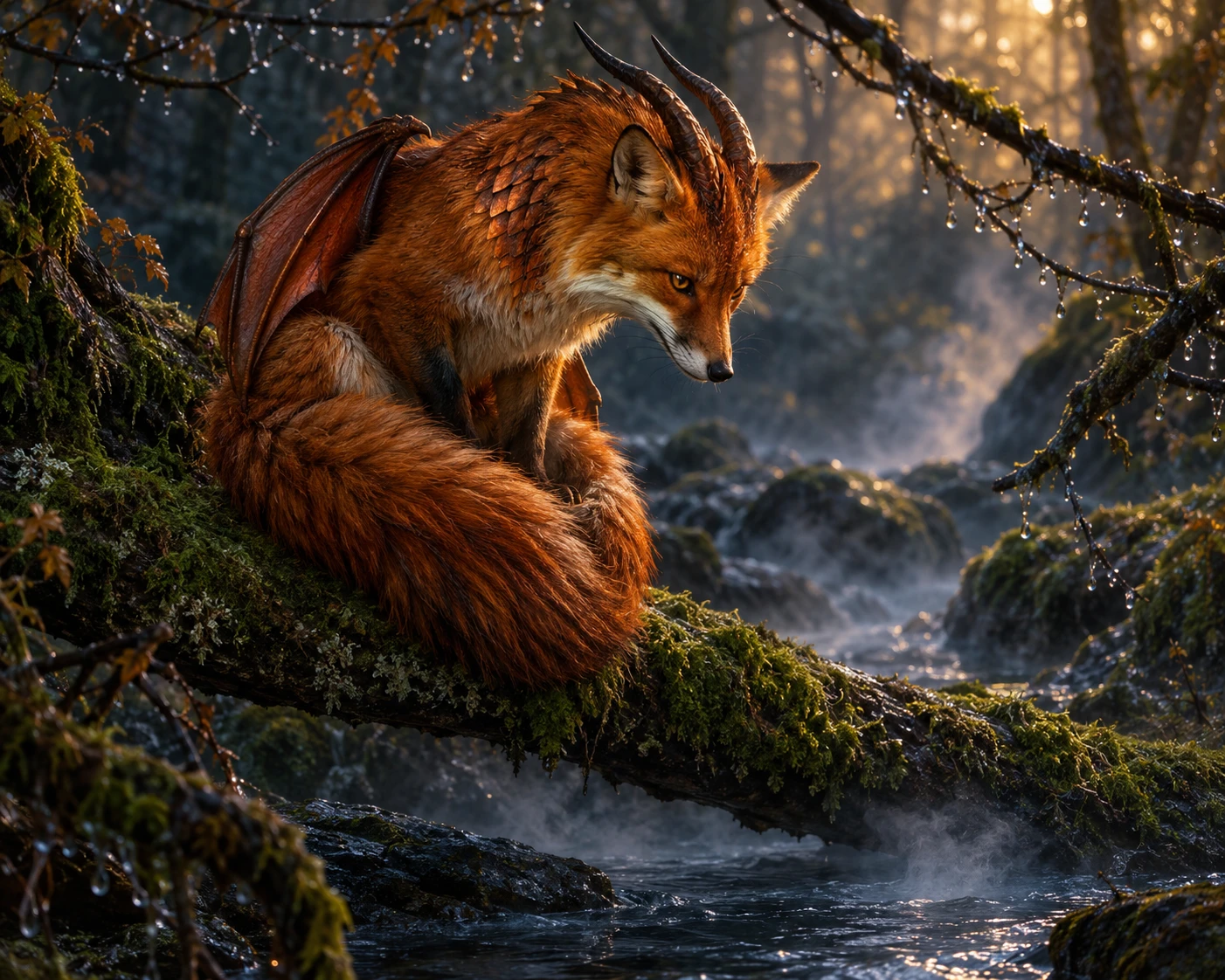Un dragón zorro se posa sobre un arroyo del bosque, evitando el agua
