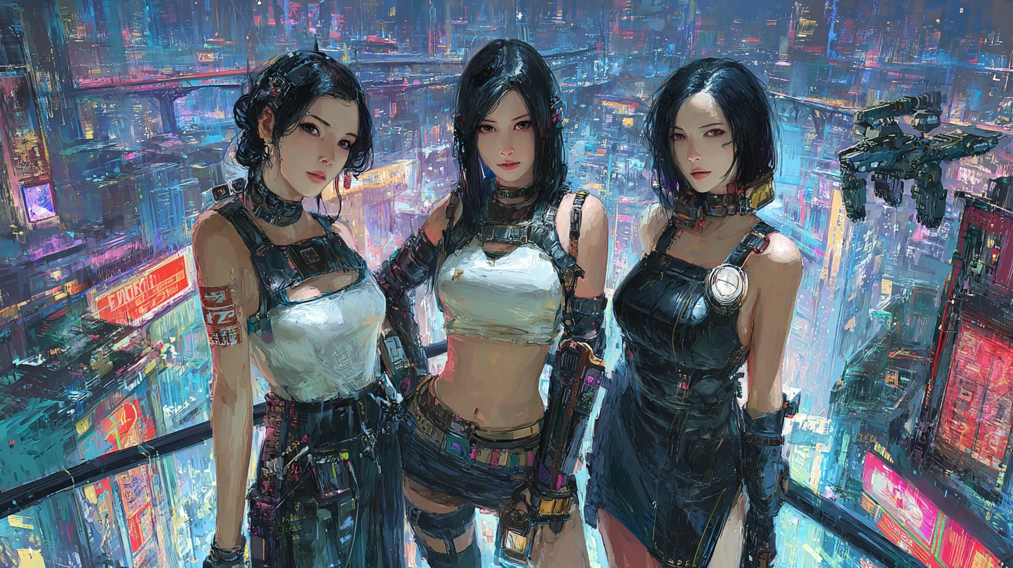 Tre hacker asiatici guardano lo spettatore dal loro covo futuristico in un grattacielo