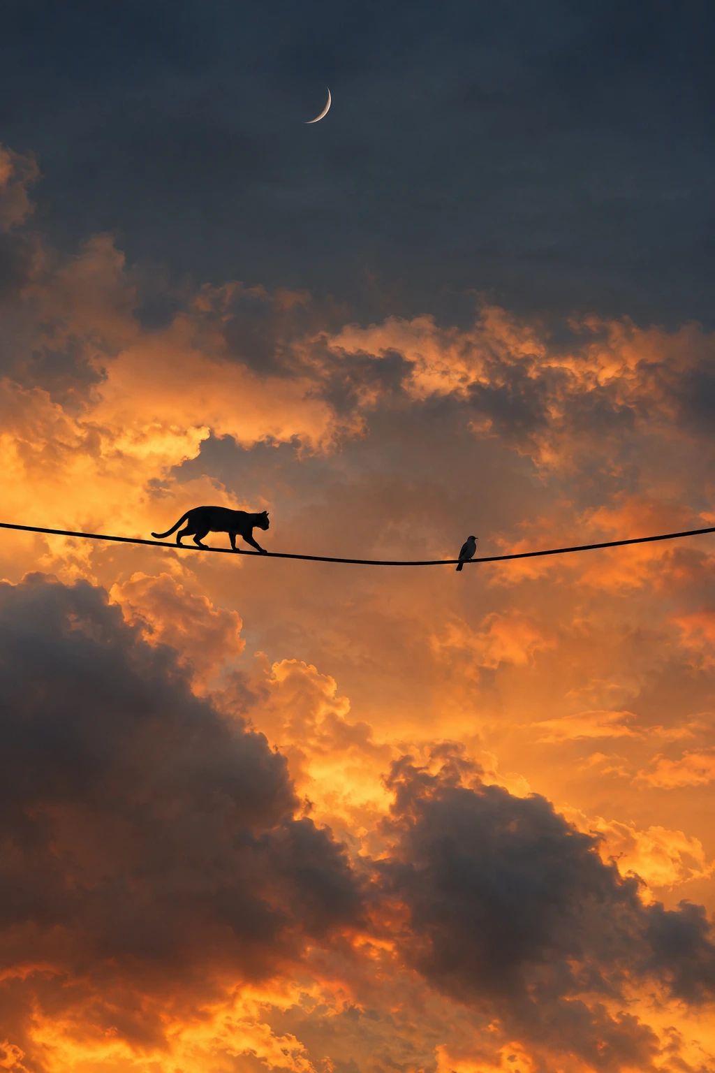 Eine schwarze Katze nähert sich einem Vogel auf einer hoch oben verlaufenden Leitung