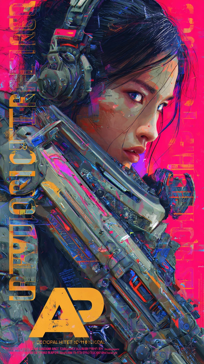 Uma mulher asiática com um traje de combate futurista encara o espectador