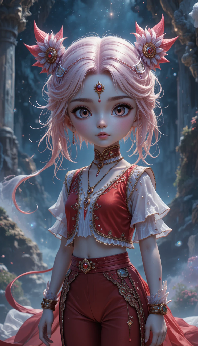 Uma garota de anime de oito anos com cachos rosa e pequenos chifres vermelhos