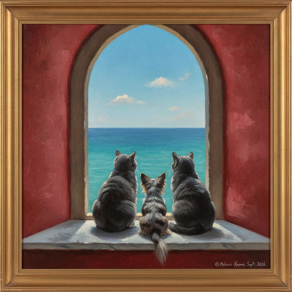 Zwei Britisch-Kurzhaar-Katzen und ein Chihuahua sitzen an einem Bogenfenster mit Blick aufs Meer
