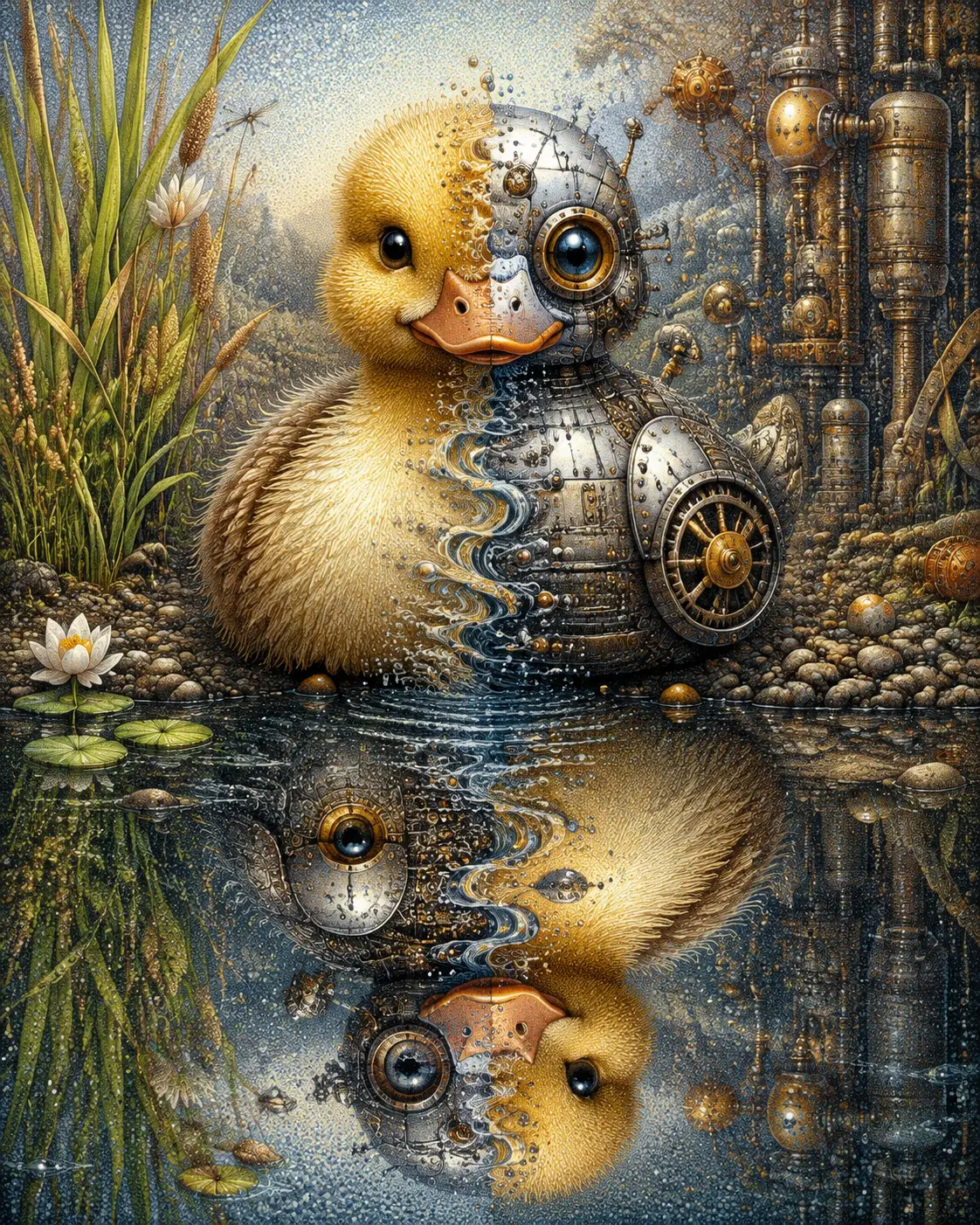 Um pato e um minúsculo pato robô encontram-se junto a um lago mágico
