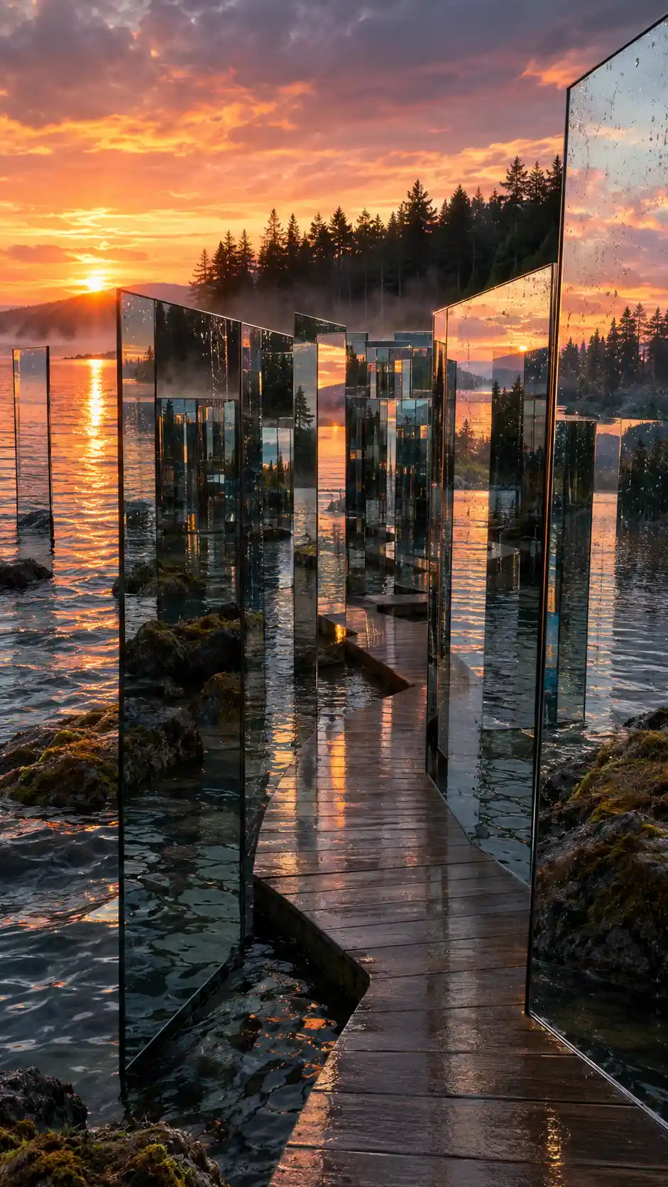 A vast mirror maze winds across a forest lake at sunset