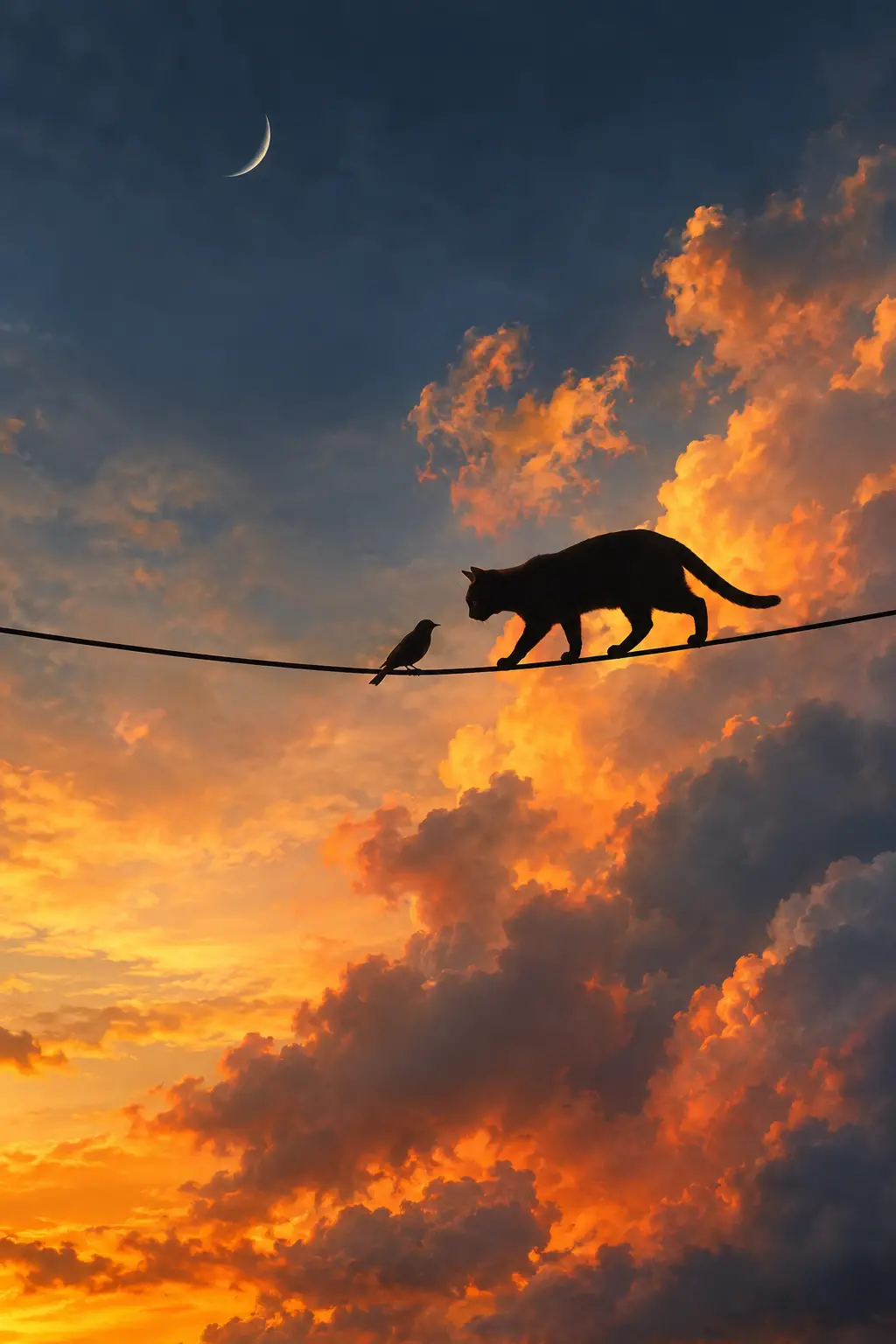 Eine schwarze Katze nähert sich unter dramatischen Wolken einem Vogel auf einer Leitung