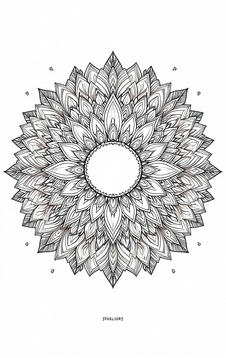 Padrão de mandala floral simétrica em traços pretos nítidos