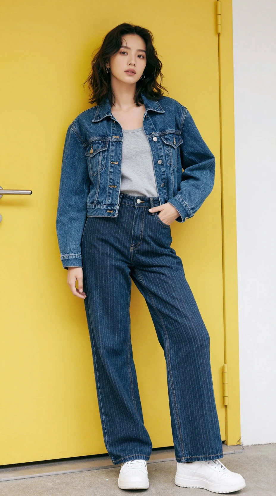 A Denim Fashion Portrait Beside a Bright Yellow Door