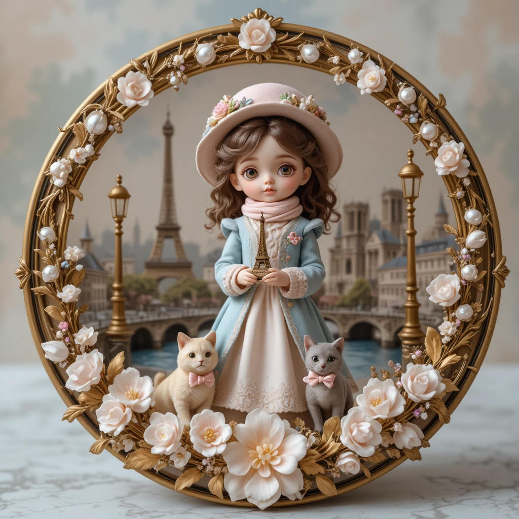 Uma boneca em miniatura segura uma réplica da Torre Eiffel em um medalhão parisiense