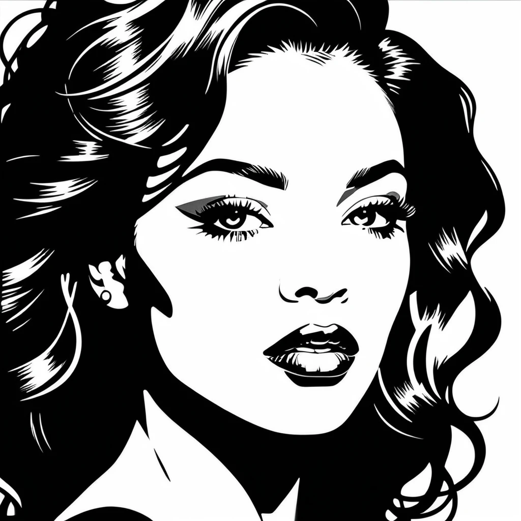 Uma mulher negra retratada em arte pop monocromática com traços lineares