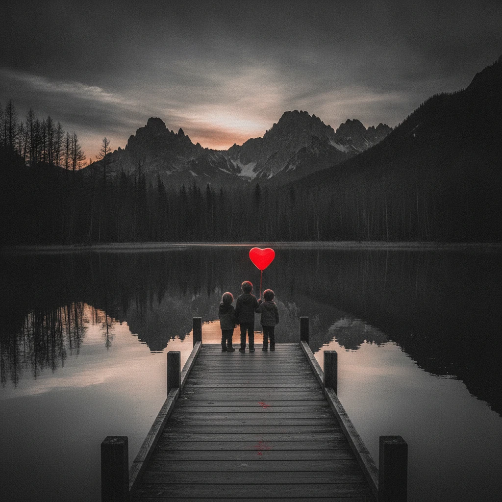 Trois silhouettes de dos sur un ponton au bord d’un lac avec un ballon rouge en forme de cœur