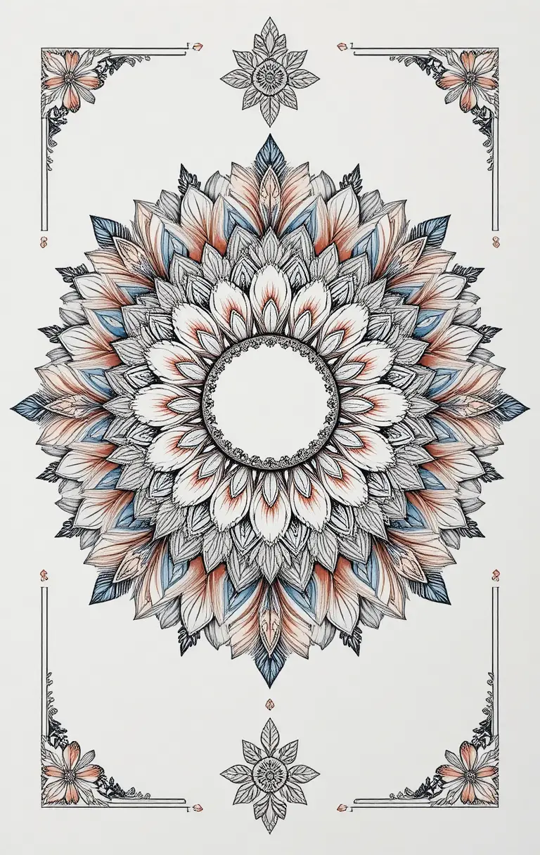 Un mandala floreale simmetrico riempie l'inquadratura con petali sovrapposti