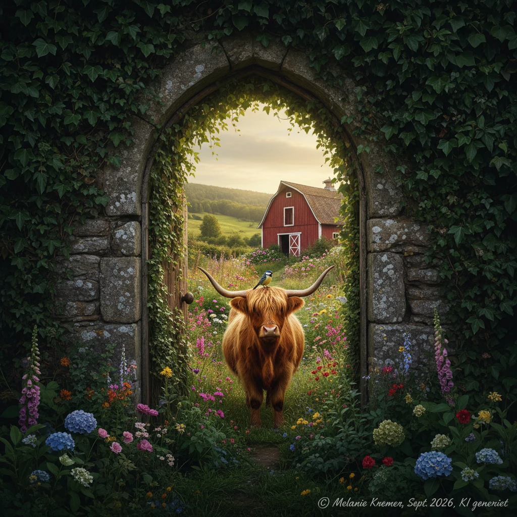 Una vaca de las Tierras Altas en un jardín florido tras una puerta de piedra cubierta de hiedra