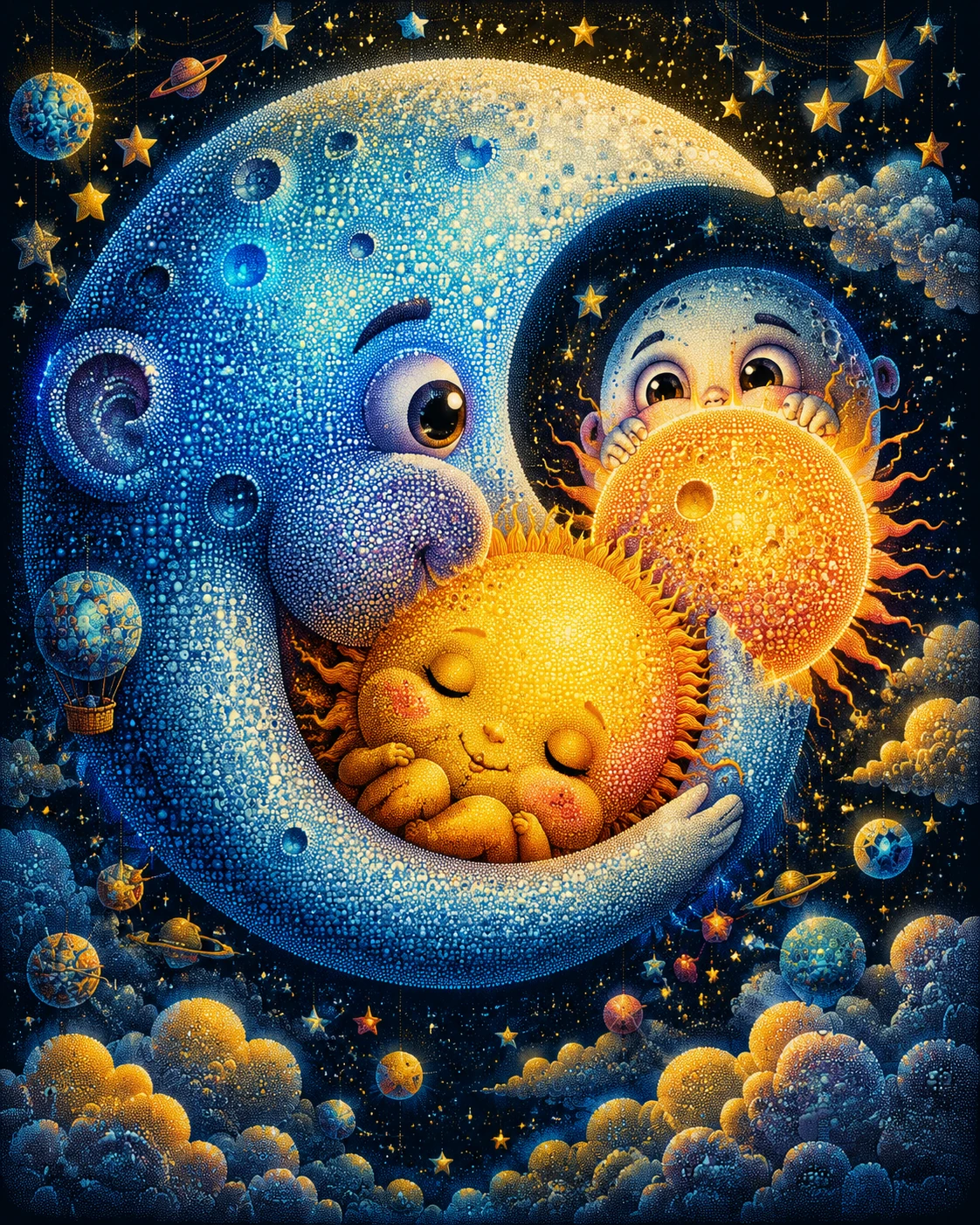 Eine winzige Sonne schläft in einer traumhaften Szene in einem riesigen Mond