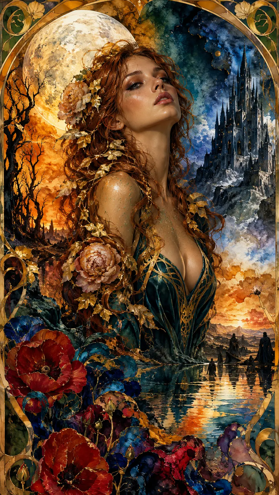 An ethereal woman with auburn hair and a melancholy upward gaze
