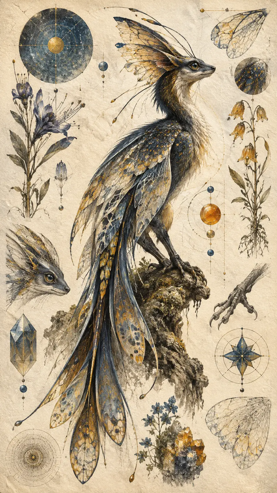 A Fictional Nocturnal Creature Amid Geometric Forms and Botanical Specimens