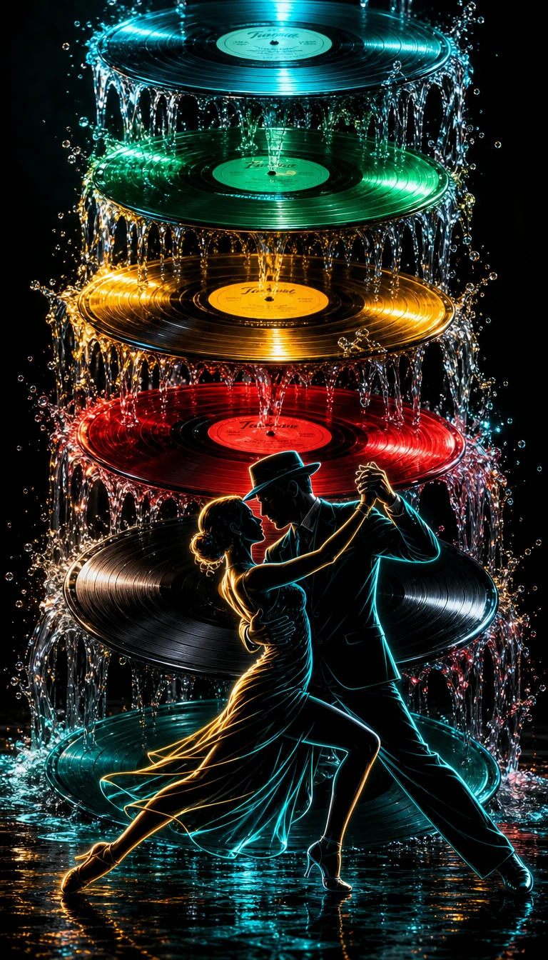 Silhouetted tango dancers framed by a tower of colorful vinyl records