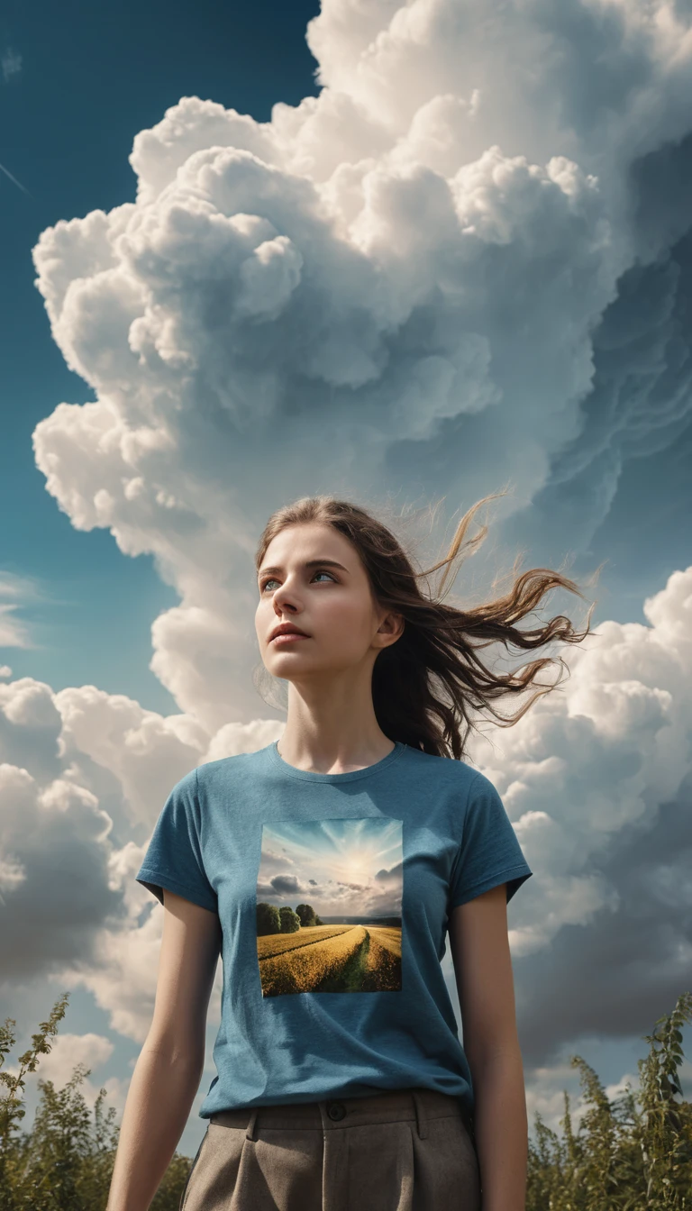 Uma mulher surreal está entre as nuvens enquanto um homem sobe uma escada de madeira