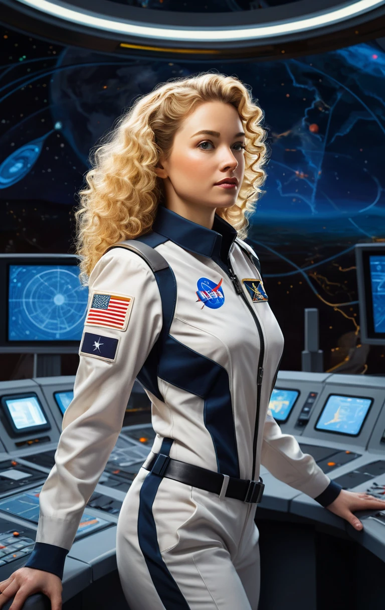 Uma oficial da NASA caminha por uma ponte de comando futurista