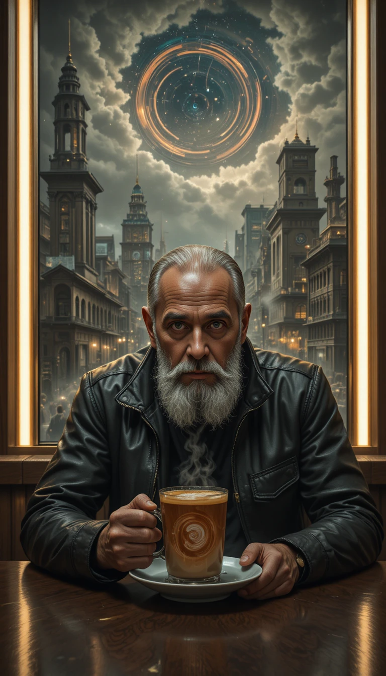 Um homem marcado pela vida contempla uma xícara de café em redemoinho num bar pouco iluminado