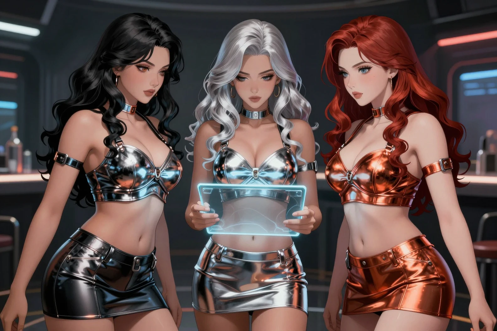 Trois femmes d’anime se rassemblent autour d’une tablette futuriste dans un bar sombre