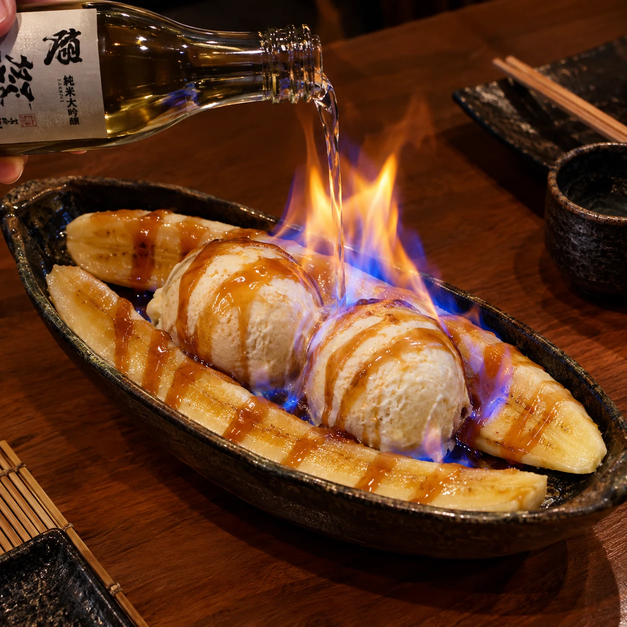 A flaming banana split with sake pouring over vanilla ice cream
