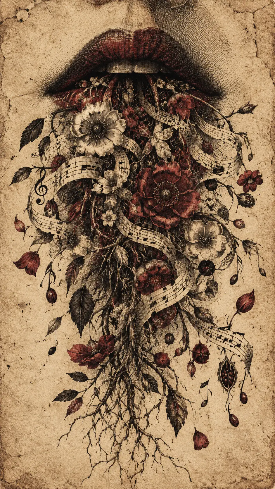 A human mouth releases flowers and curling stems from antique parchment