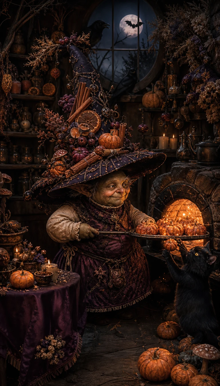 A Goblin Baker Pulls Glowing Pumpkin Pastries From a Woodland Oven