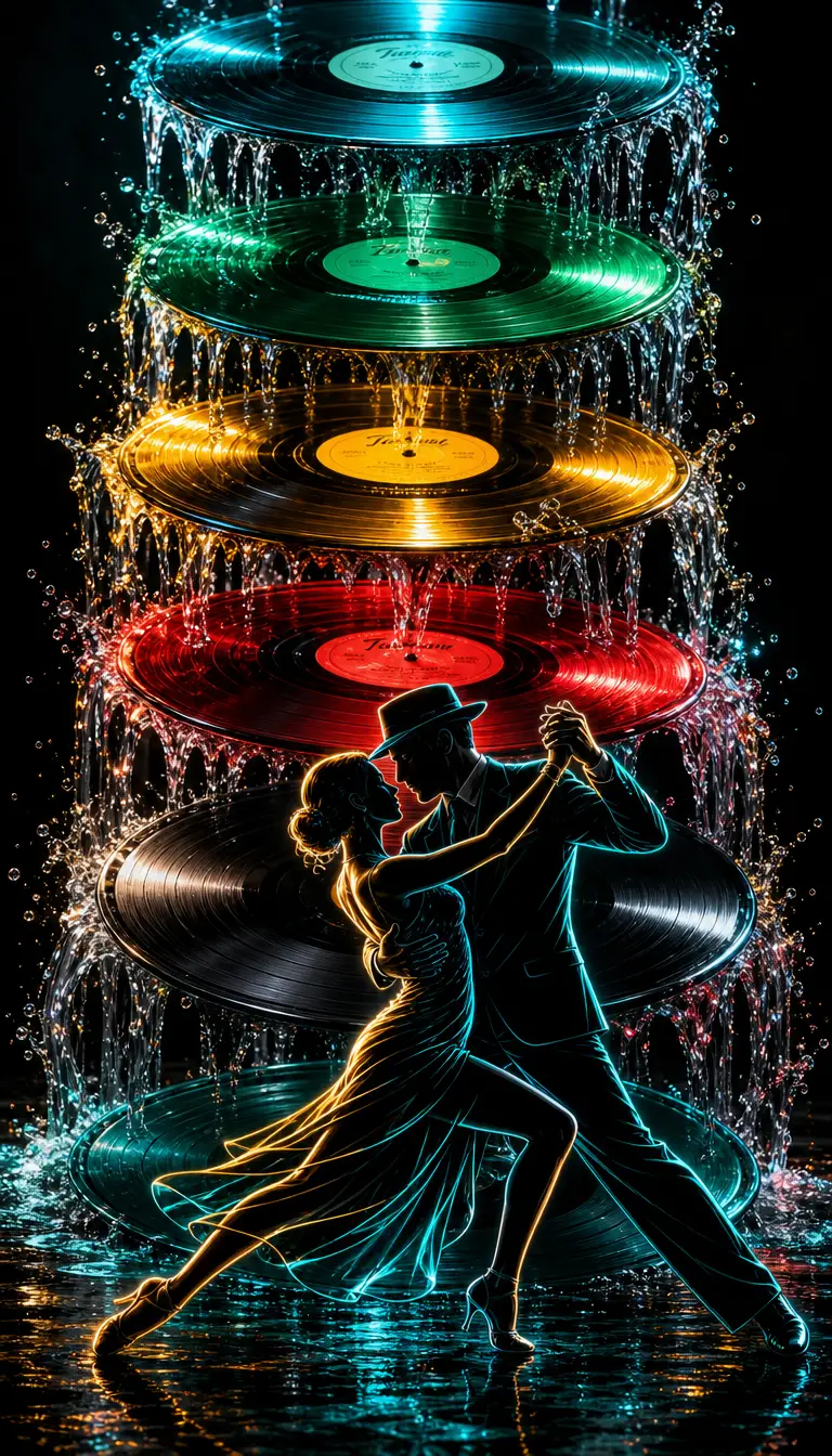 Silhouetted tango dancers framed by a tower of colorful vinyl records