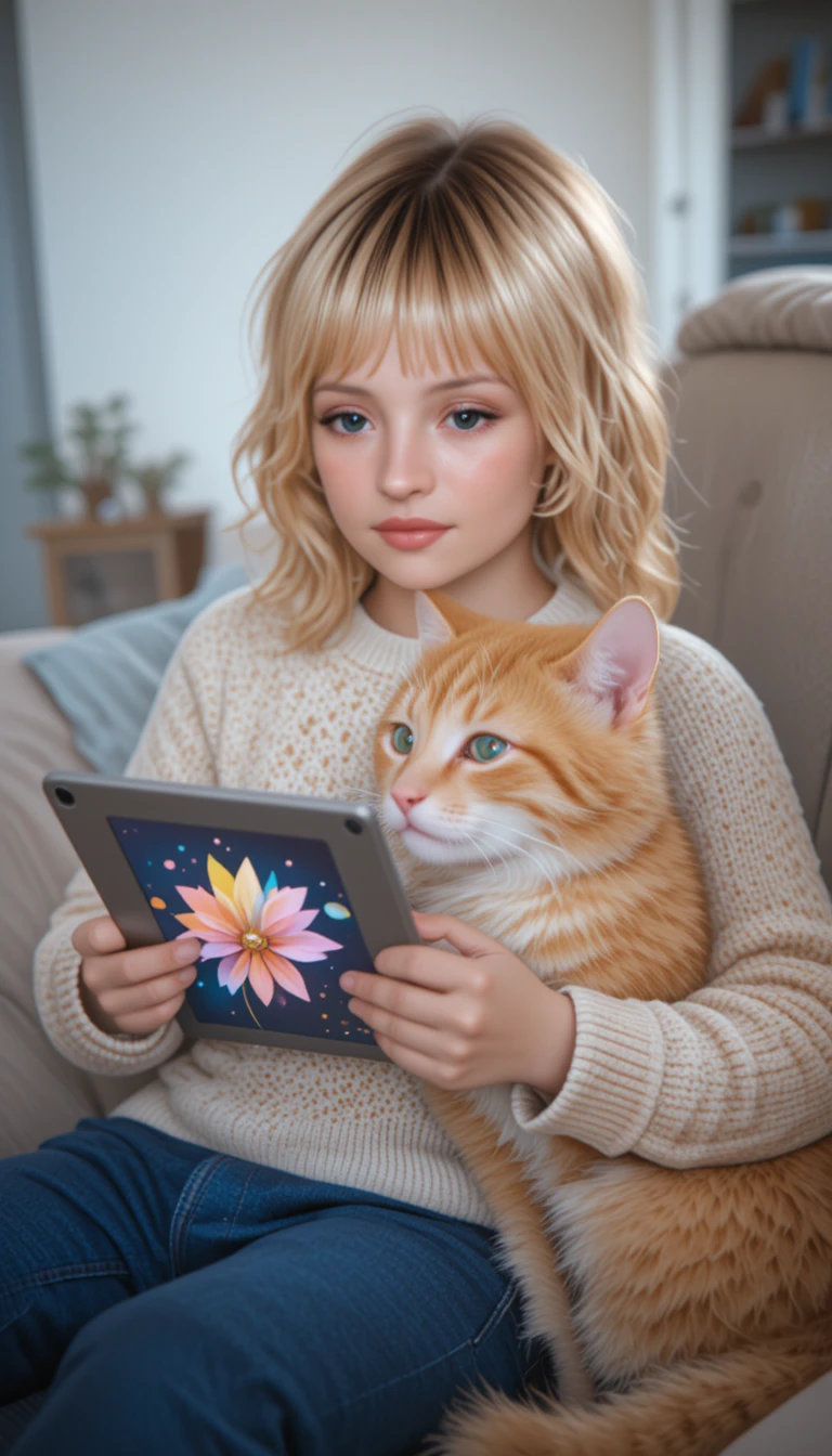 A young child and orange kitten share a quiet moment over a screen