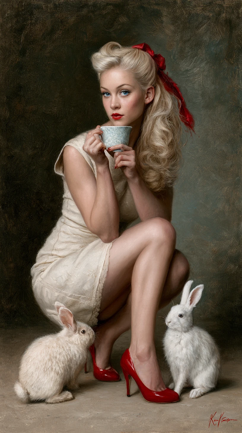 Une Alice rétro tient sa tasse de thé dans une peinture à l'huile glamour