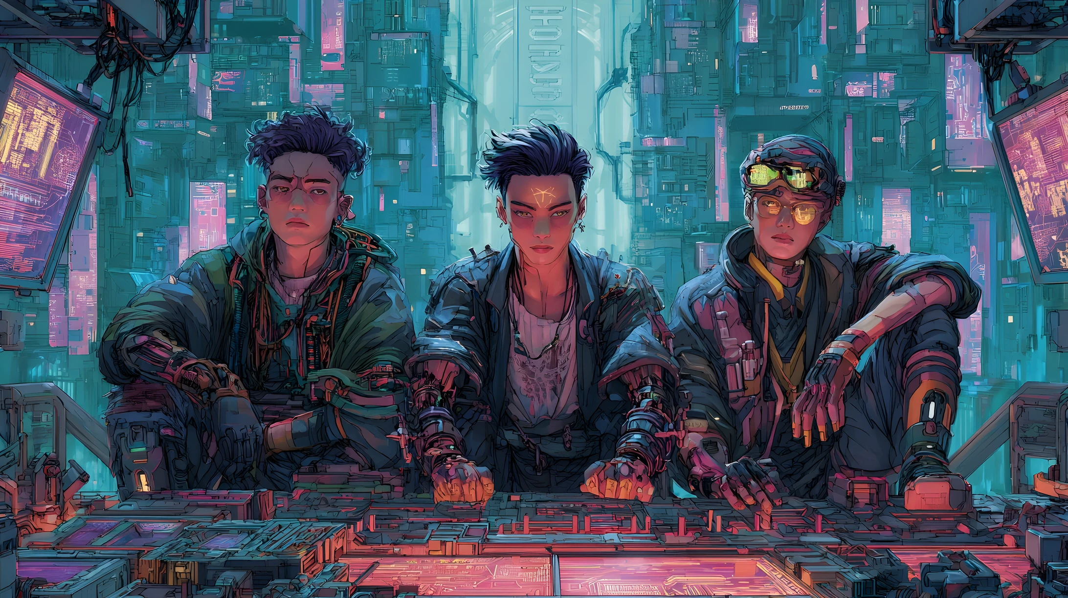 Três hackers cibernéticos posam num esconderijo futurista num arranha-céus