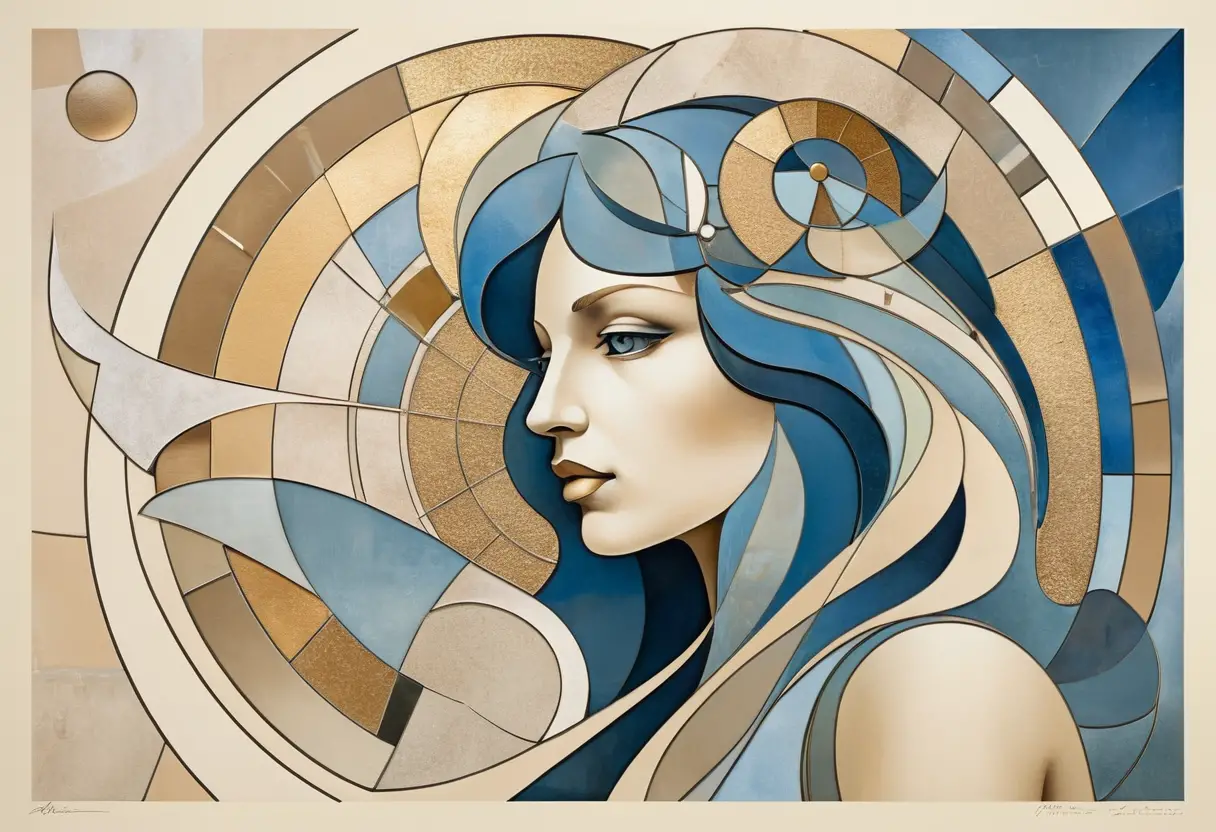 A cubist Leo zodiac symbol in glass, plastic, and metal textures