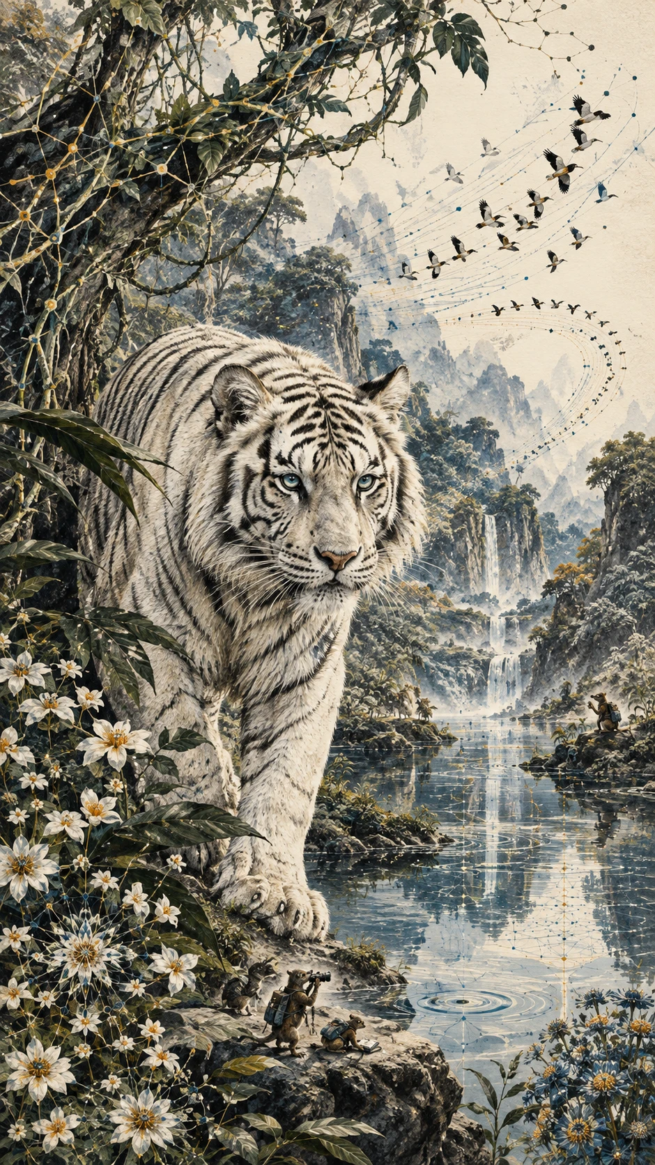 Un tigre blanc traverse un vaste écosystème tropical