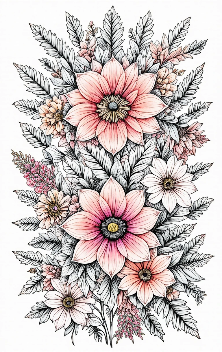 ぎっしりと花を集めたブーケが織りなす、緻密な曼荼羅の塗り絵